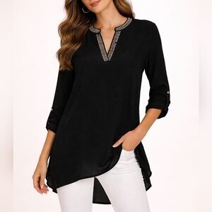 VALERIE STEVENS Blue Bedazzled Split Neck Assymetric Angled Hi-Low Blouse